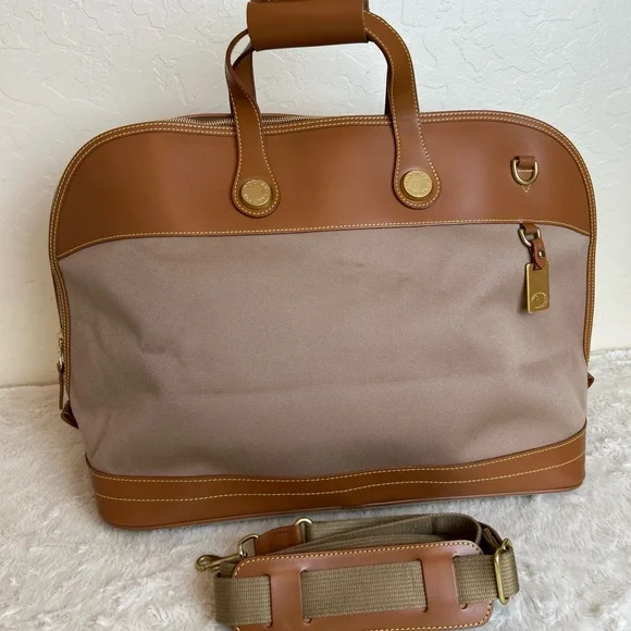 Vtg Dooney & Bourke Cabriolet Weekender Bag Tan Fabric Leather Shoulder Strap - Picture 1 of 9